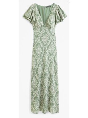 ABERCROMBIE & FITCH Ruffle Sleeve Slip Maxi Dress in Green Floral XL Wedding